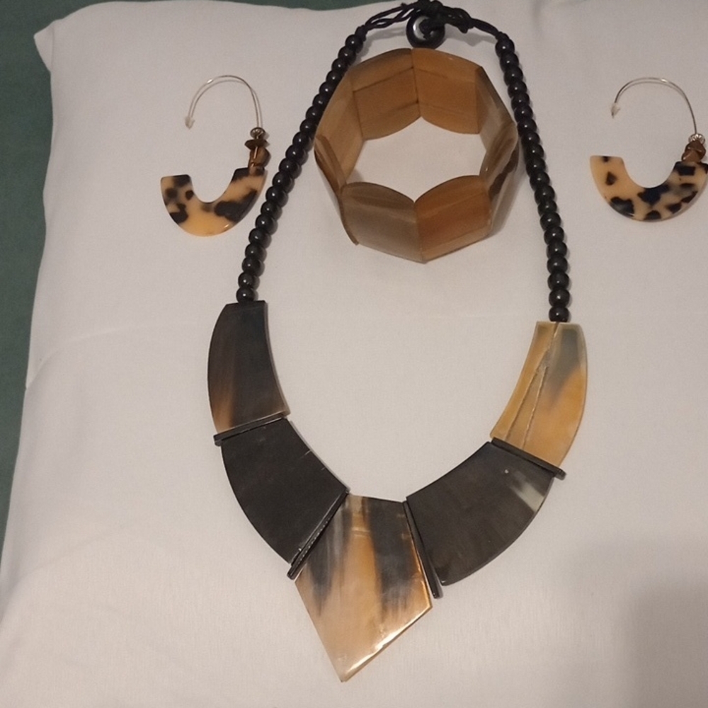 Stunning Buffalo Horn Black & Tan Jewelry Set New